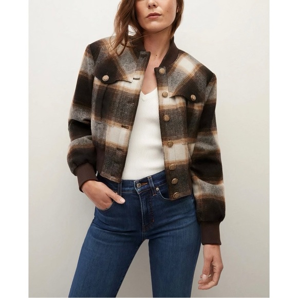 Veronica Beard Plaid Cropped Wool-Blend Brown Stanley Bomber Jacket - Picture 1 of 8